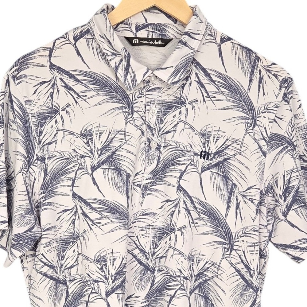 Travis Mathew Polo Shirt Mens Large White Blue Palm Leaf Tropical Short Sleeve